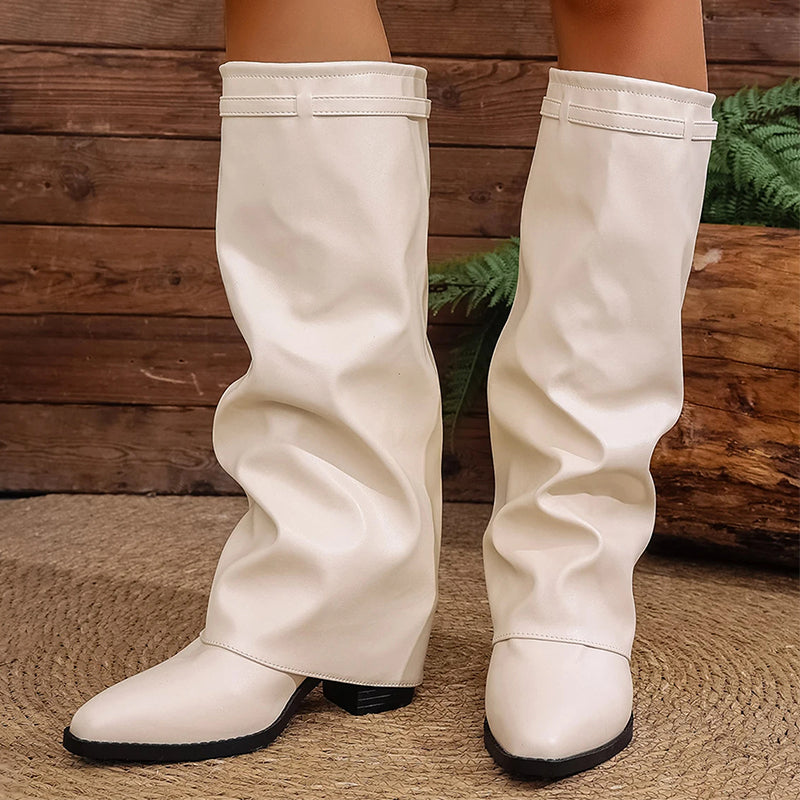 Damstövlar knähöga med vikbar överkant och fyrkantig klack